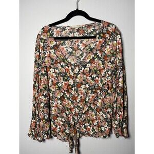 Loft pink floral knotted hem long sleeve  v neck top Women’s Size Large